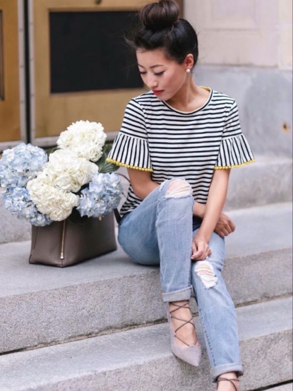 W5 by Anthropologie Blue and White Striped Short Sleeve Tee with Yellow Crochet